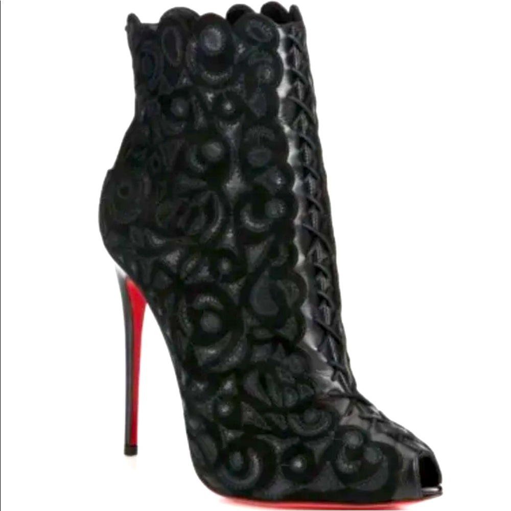 💥 CHRISTIAN LOUBOUTIN Indiboot 120mm Black Lace Suede Bootie Heels Sz 36.5